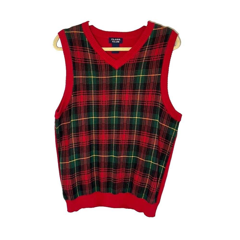 Retro Holiday Plaid Vest Knit Sweater 20 Christmas Festive Preppy Classic 90s